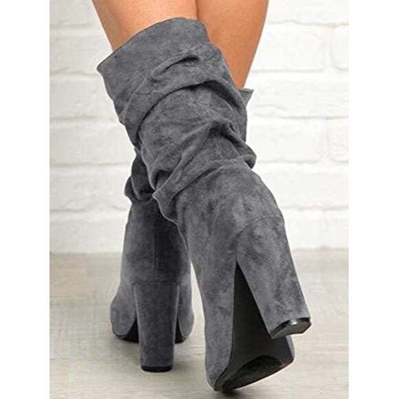 Women's Grey Suede Mid Calf High Slouchy Chunky Heel Block Pointed Toe Boots - Picture 3 of 7